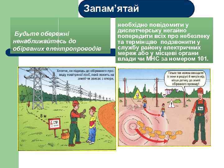 Запам’ятай Будьте обережні ненаближайтесь до обірваних електропроводів необхідно повідомити у диспетчерську негайно попередити всіх