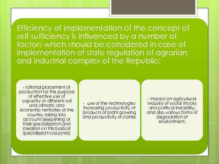 Efficiency of implementation of the concept of self-sufficiency is influenced by a number of