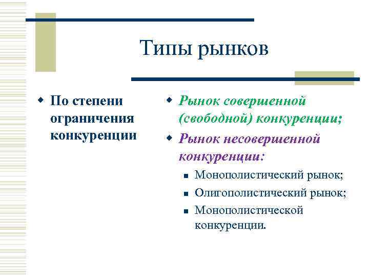 Типы рынков w По степени ограничения конкуренции w Рынок совершенной (свободной) конкуренции; w Рынок