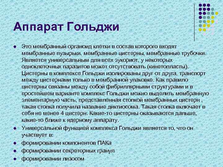 Аппарат Гольджи l l l Это мембранный органоид клетки в состав которого входят мембранные