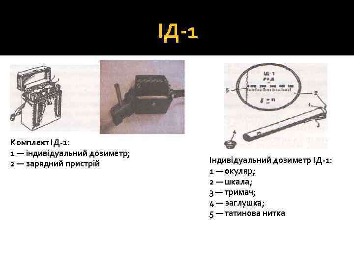 ІД 1 Комплект ІД 1: 1 — індивідуальний дозиметр; 2 — зарядний пристрій Індивідуальний