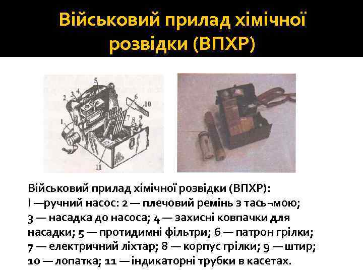 Військовий прилад хімічної розвідки (ВПХР): І —ручний насос: 2 — плечовий ремінь з тась¬мою;