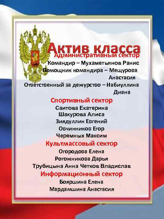Актив класса Административный сектор Командир – Мухаметьянов Ранис Помощник командира – Мещурова Анастасия Ответственный
