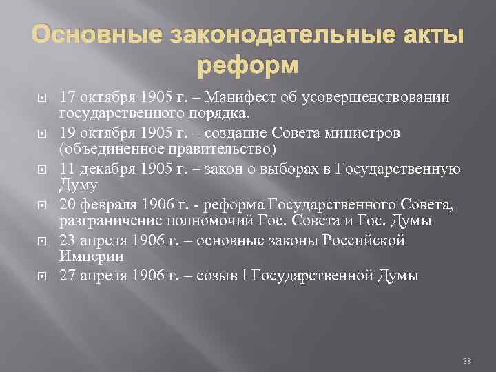 Основные законодательные акты реформ 17 октября 1905 г. – Манифест об усовершенствовании государственного порядка.
