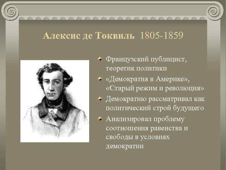 Алексис де Токвиль 1805 -1859 Французский публицист, теоретик политики «Демократия в Америке» , «Старый