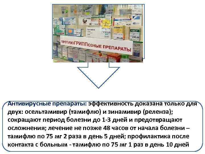 Антивирусные препараты: эффективность доказана только для двух: осельтамивир (тамифлю) и зинамивир (реленза); сокращают период