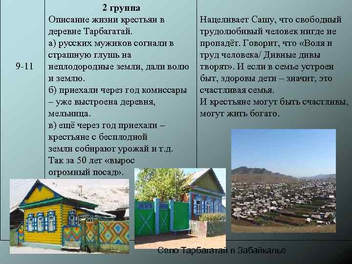 9 -11 2 группа Описание жизни крестьян в деревне Тарбагатай. а) русских мужиков согнали