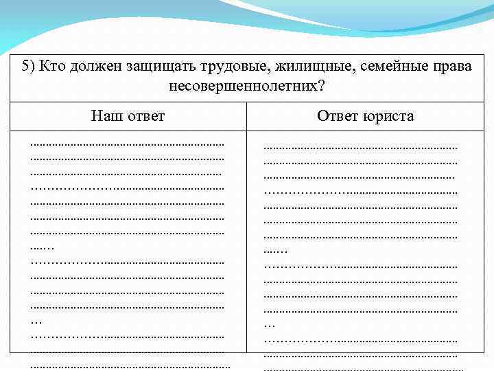 5) Кто должен защищать трудовые, жилищные, семейные права несовершеннолетних? Наш ответ. . . .