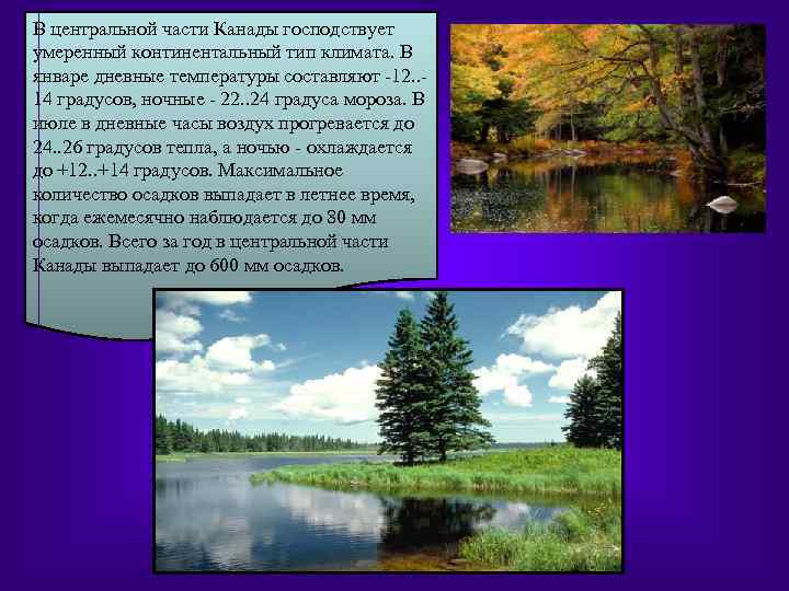 В центральной части Канады господствует умеренный континентальный тип климата. В январе дневные температуры составляют