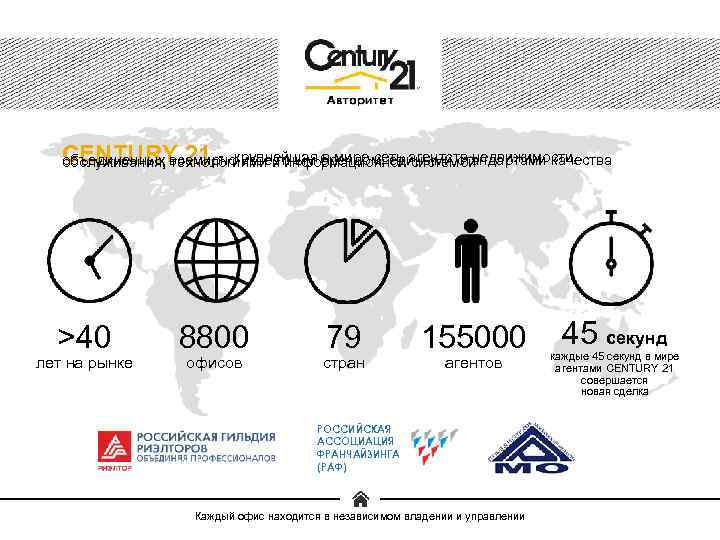 CENTURY 21 - крупнейшая в мире сеть агентств недвижимости, объединенных всемирно известным брендом, едиными