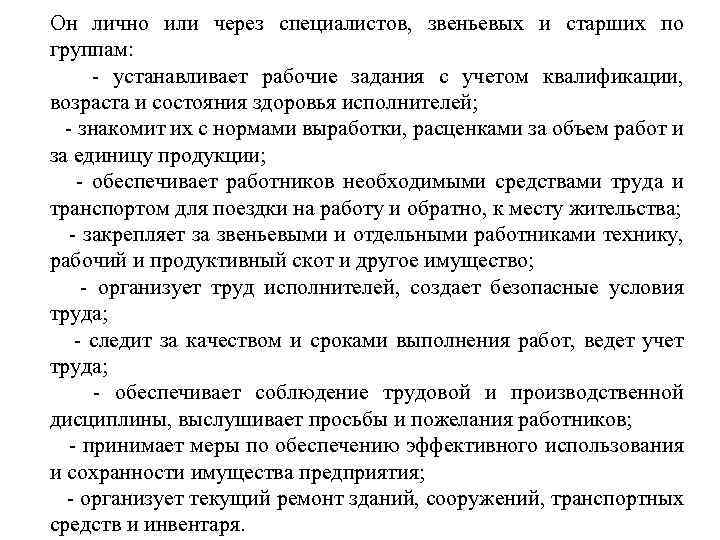 Он лично или через специалистов, звеньевых и старших по группам: устанавливает рабочие задания с