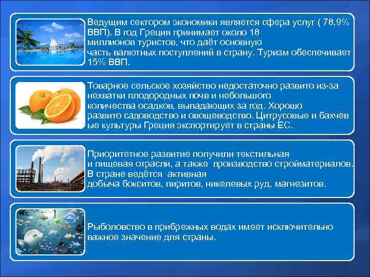 Ведущим сектором экономики является сфера услуг ( 78, 9% ВВП). В год Греция принимает