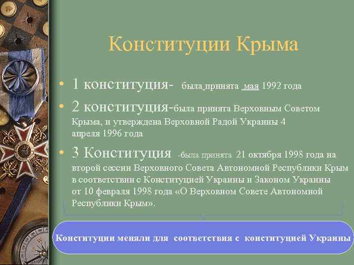 Конституции Крыма • 1 конституция- была принята мая 1992 года • 2 конституция-была принята