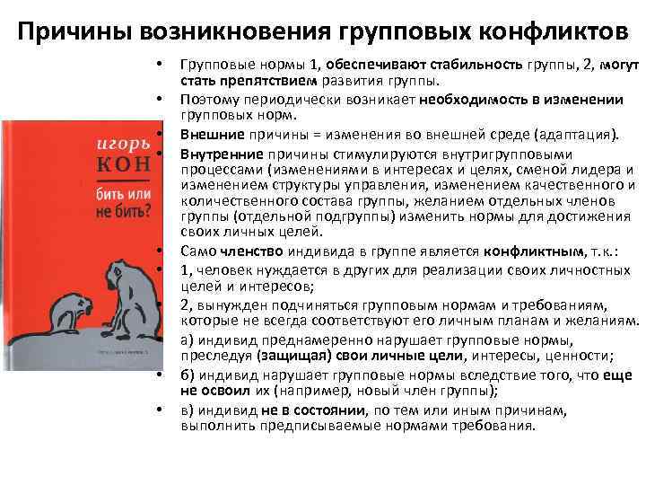 Причины возникновения групповых конфликтов • • • Групповые нормы 1, обеспечивают стабильность группы, 2,