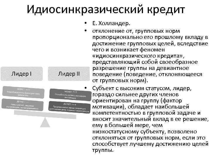 Идиосинкразический кредит • Е. Холландер. • отклонение от, групповых норм пропорционально его прошлому вкладу