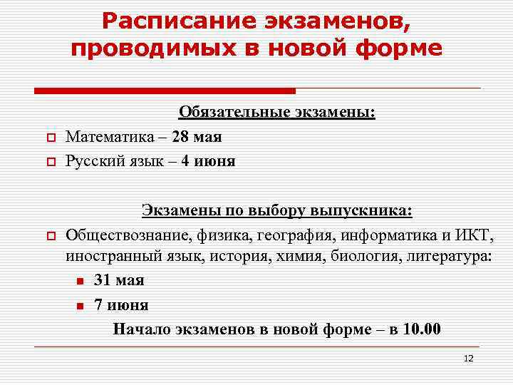 Расписание экзаменов, проводимых в новой форме o o o Обязательные экзамены: Математика – 28