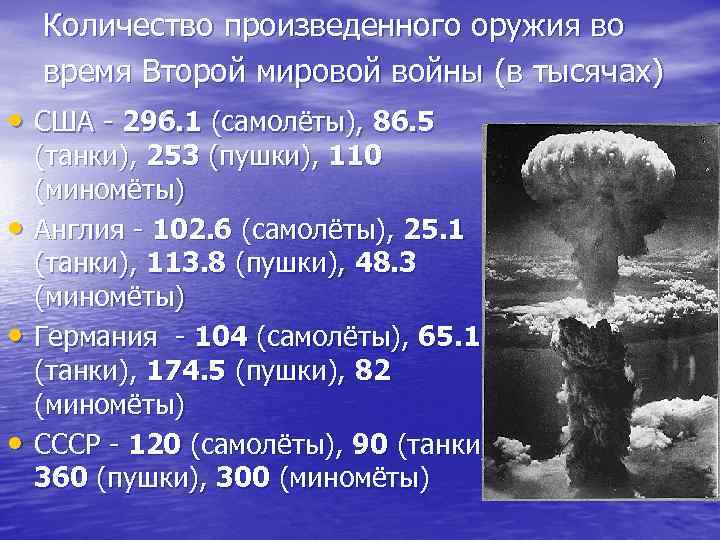 Количество произведенного оружия во время Второй мировой войны (в тысячах) • США - 296.