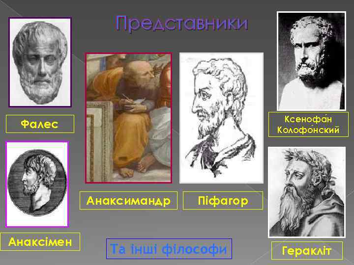 Представники Ксенофа н Колофо нский Фалес Анаксимандр Анаксімен Піфагор Та інші філософи Геракліт 
