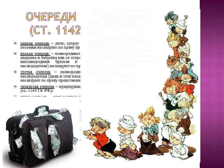  первая очередь – дети, супруг и родители наследодателя. Внуки наследодателя и их потомки