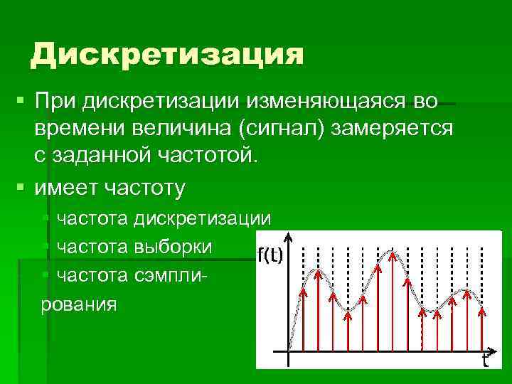 Дискретизация § При дискретизации изменяющаяся во времени величина (сигнал) замеряется с заданной частотой. §