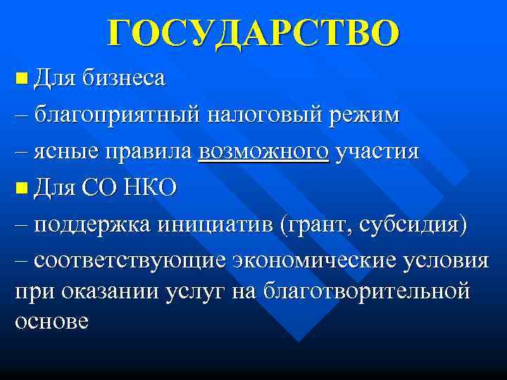ГОСУДАРСТВО n Для бизнеса – благоприятный налоговый режим – ясные правила возможного участия n