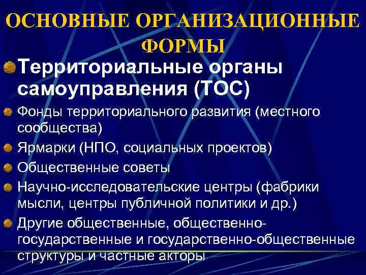 ОСНОВНЫЕ ОРГАНИЗАЦИОННЫЕ ФОРМЫ Территориальные органы самоуправления (ТОС) Фонды территориального развития (местного сообщества) Ярмарки (НПО,