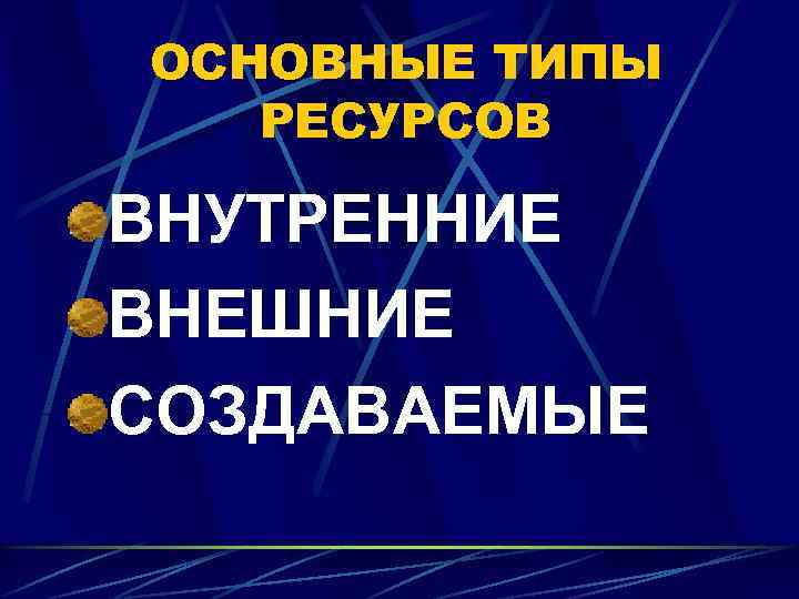 ОСНОВНЫЕ ТИПЫ РЕСУРСОВ ВНУТРЕННИЕ ВНЕШНИЕ СОЗДАВАЕМЫЕ 