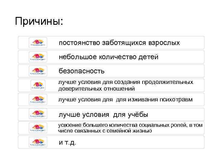 Причины: постоянство заботящихся взрослых небольшое количество детей безопасность лучше условия для создания продолжительных доверительных