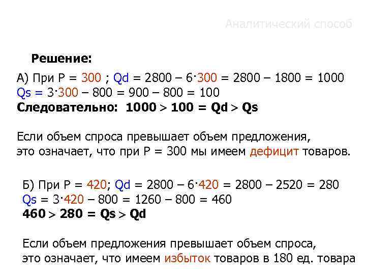 Аналитический способ Решение: А) При Р = 300 ; Qd = 2800 – 6·