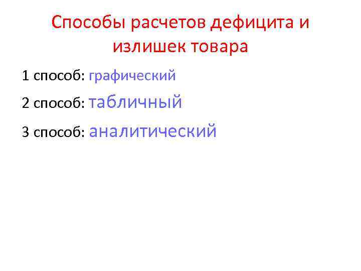 Способы расчетов дефицита и излишек товара 1 способ: графический 2 способ: табличный 3 способ: