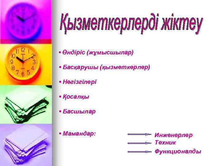  • Өндіріс (жұмысшылар) • Басқарушы (қызметкерлер) • Негізгілері • Қосалқы • Басшылар •