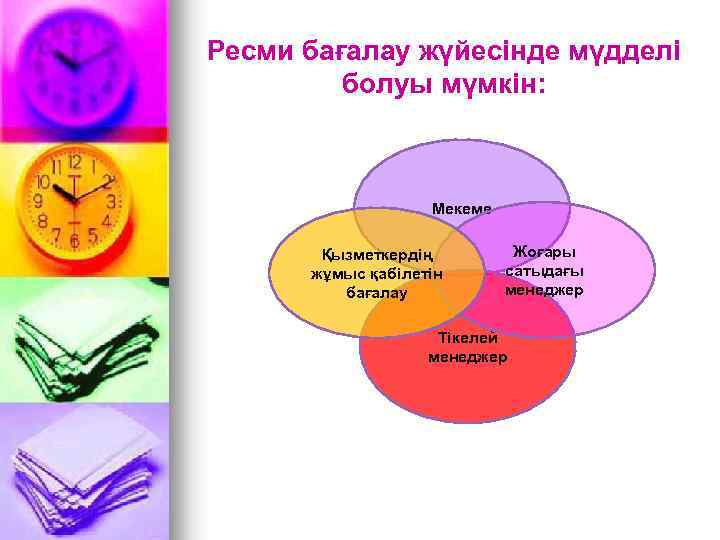 Ресми бағалау жүйесінде мүдделі болуы мүмкін: Мекеме Қызметкердің жұмыс қабілетін бағалау Жоғары сатыдағы менеджер