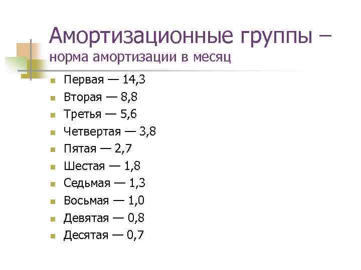 Амортизационные группы – норма амортизации в месяц n n n n n Первая —