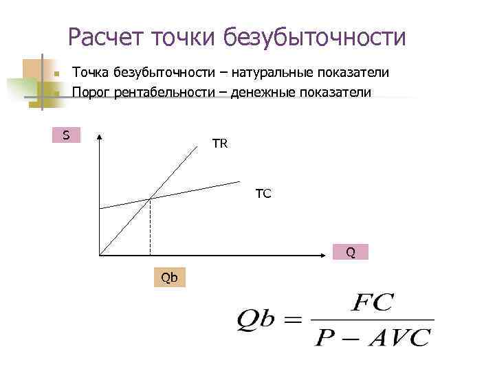 Расчет точки безубыточности Точка безубыточности – натуральные показатели Порог рентабельности – денежные показатели n
