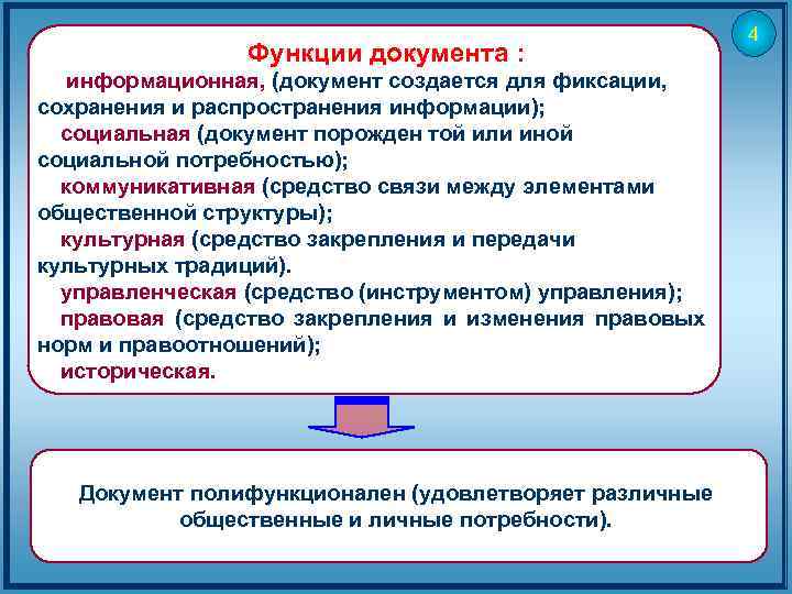 Функции документа : информационная, (документ создается для фиксации, сохранения и распространения информации); социальная (документ