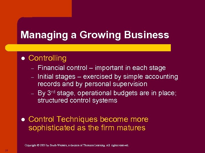 Managing a Growing Business l Controlling – – – l Financial control – important