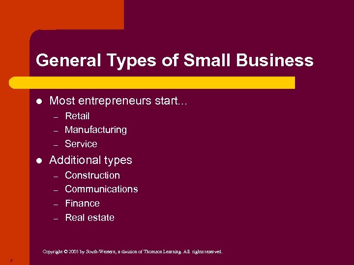 General Types of Small Business l Most entrepreneurs start. . . – – –