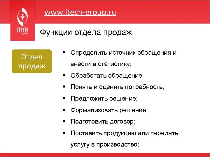 www. itech-group. ru Функции отдела продаж Отдел продаж § Определить источник обращения и внести