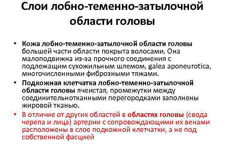 Слои лобно-теменно-затылочной области головы • Кожа лобно-теменно-затылочной области головы большей части области покрыта волосами.