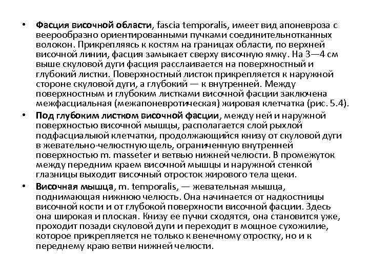  • Фасция височной области, fascia temporalis, имеет вид апоневроза с веерообразно ориентированными пучками