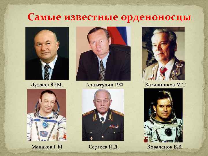 Самые известные орденоносцы Лужков Ю. М. Манаков Г. М. Гениатулин Р. Ф Калашников М.
