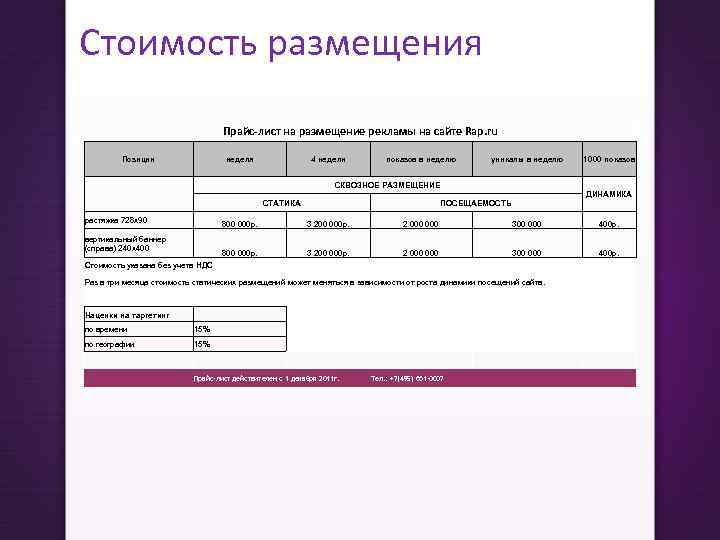 Стоимость размещения Прайс-лист на размещение рекламы на сайте Rap. ru Позиции неделя 4 недели