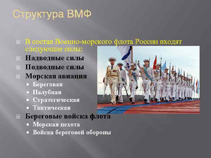 Структура ВМФ В состав Военно-морского флота России входят следующие силы: Надводные силы Подводные силы
