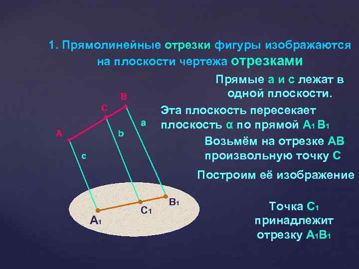 1. Прямолинейные отрезки фигуры изображаются на плоскости чертежа отрезками Прямые а и с лежат