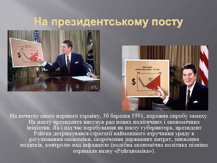 На президентському посту На початку свого першого терміну, 30 березня 1981, пережив спробу замаху.