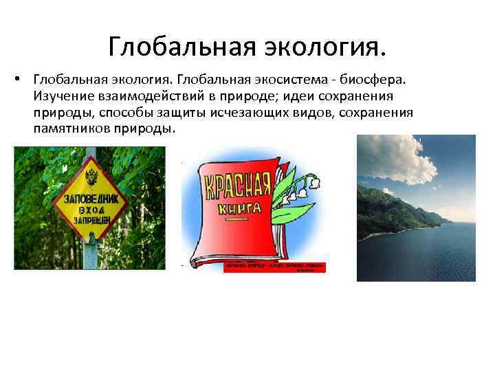Глобальная экология. • Глобальная экология. Глобальная экосистема - биосфера. Изучение взаимодействий в природе; идеи