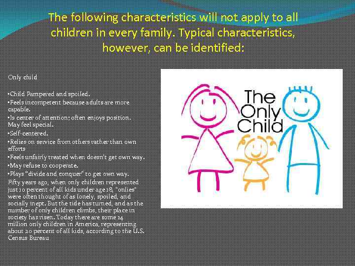 The following characteristics will not apply to all children in every family. Typical characteristics,