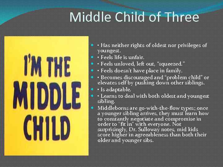 Middle Child of Three • Has neither rights of oldest nor privileges of youngest.