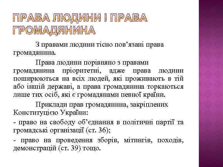 ПРАВА ЛЮДИНИ І ПРАВА ГРОМАДЯНИНА З правами людини тісно пов’язані права громадянина. Права людини