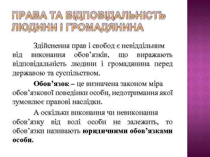 ПРАВА ТА ВІДПОВІДАЛЬНІСТЬ ЛЮДИНИ І ГРОМАДЯНИНА Здійснення прав і свобод є невіддільним від виконання
